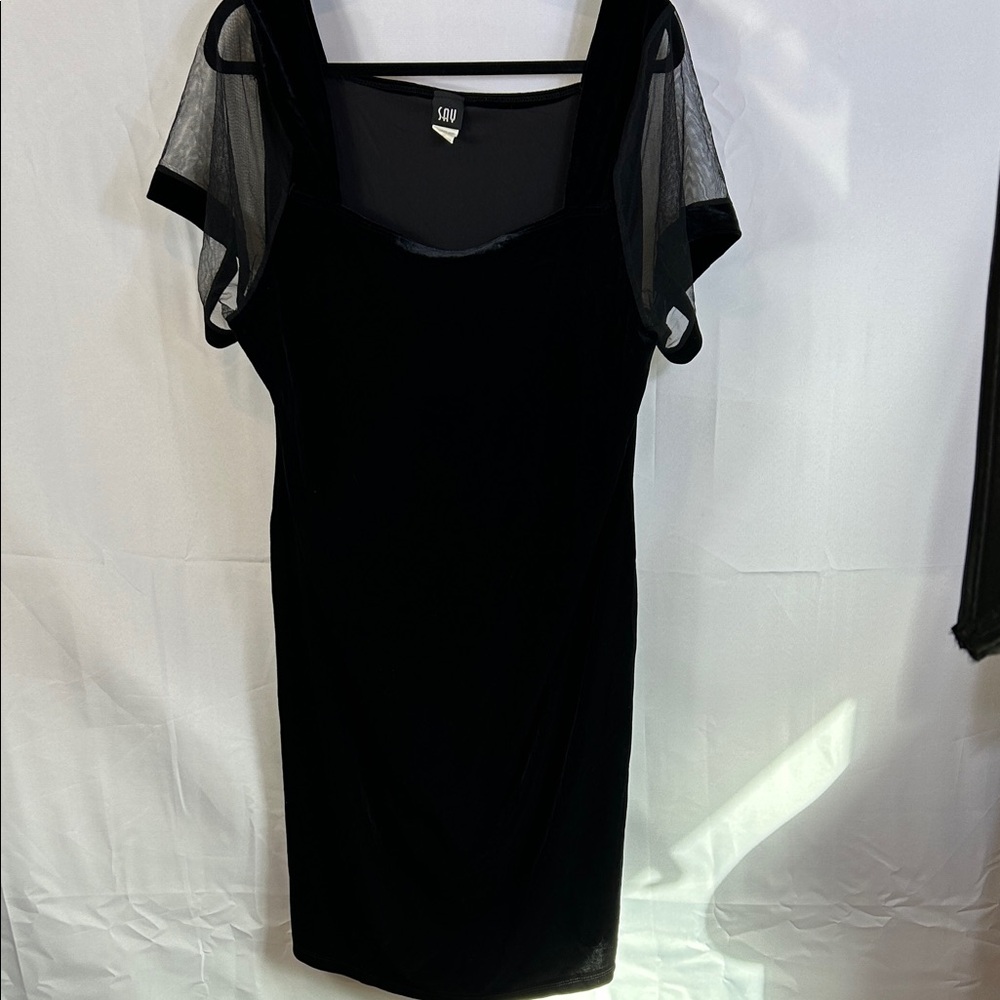 Say Vintage Black Velvet Midi Dress Mesh Sleeves Size 2X Stretchy Runs Small